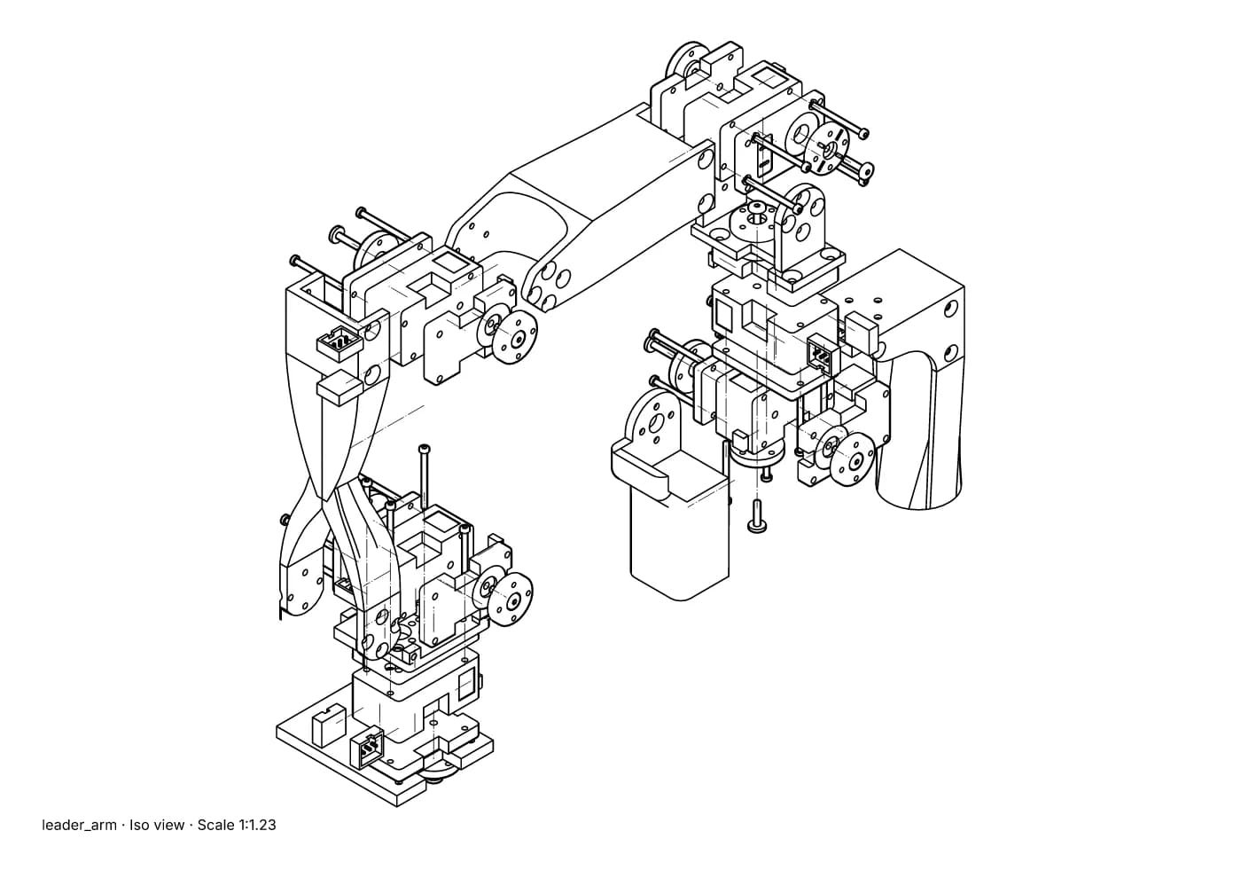 Exploded iso view of a robot arm with centre lines showing each part's direction.