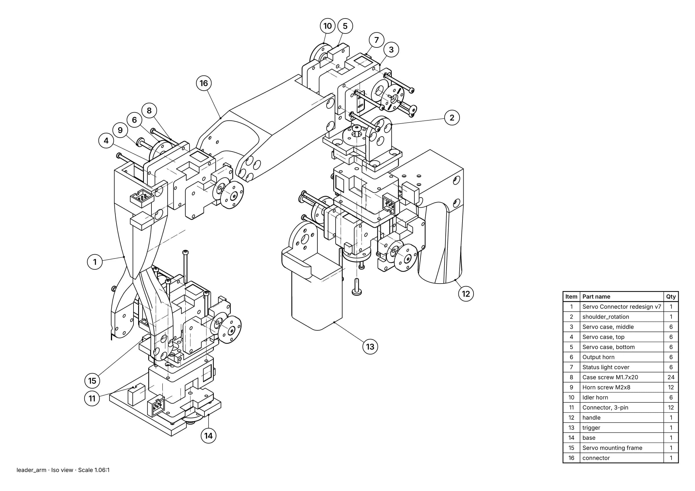 Illustrated parts page: exploded view of a robot arm with numbered balloons and a parts list.