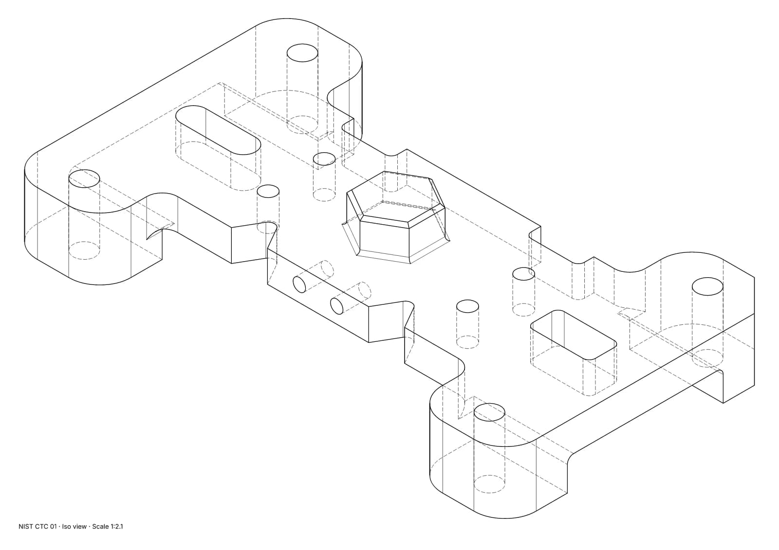 Iso view of the NIST CTC 01 test part, hidden lines dashed.