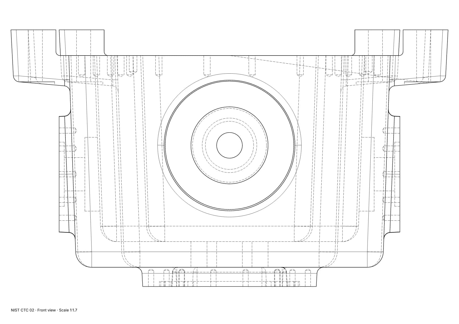 Front view of the NIST CTC 02 test part, hidden lines dashed.