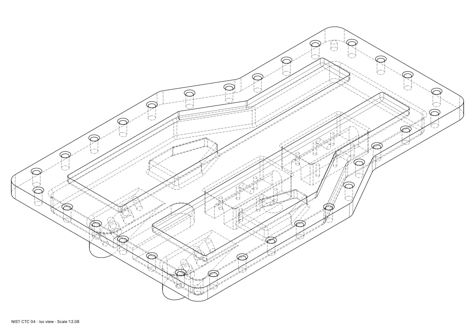 Iso view of the NIST CTC 04 test part, hidden lines dashed.